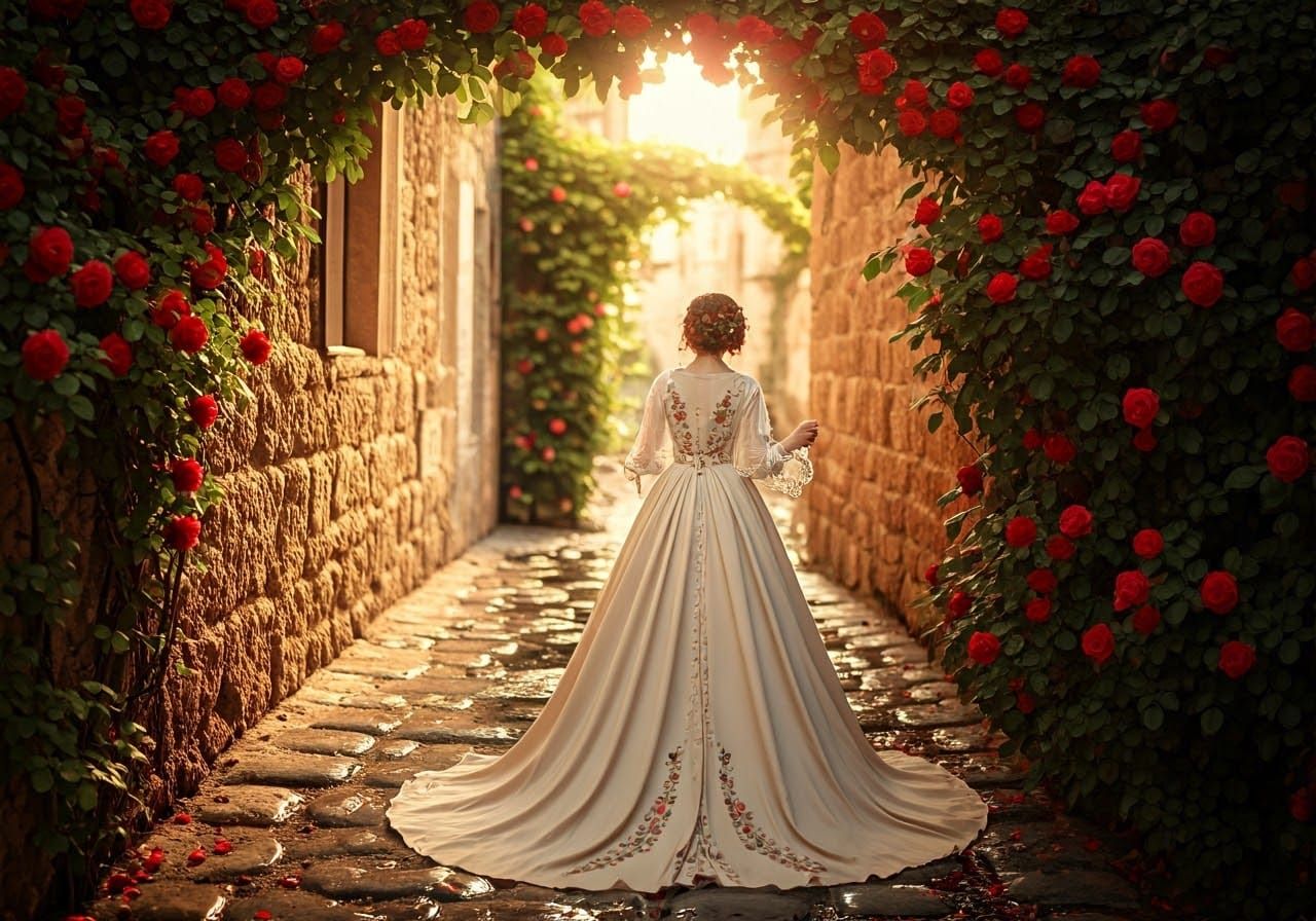 Romantic Cobblestone Alleyway with Vibrant Red Roses