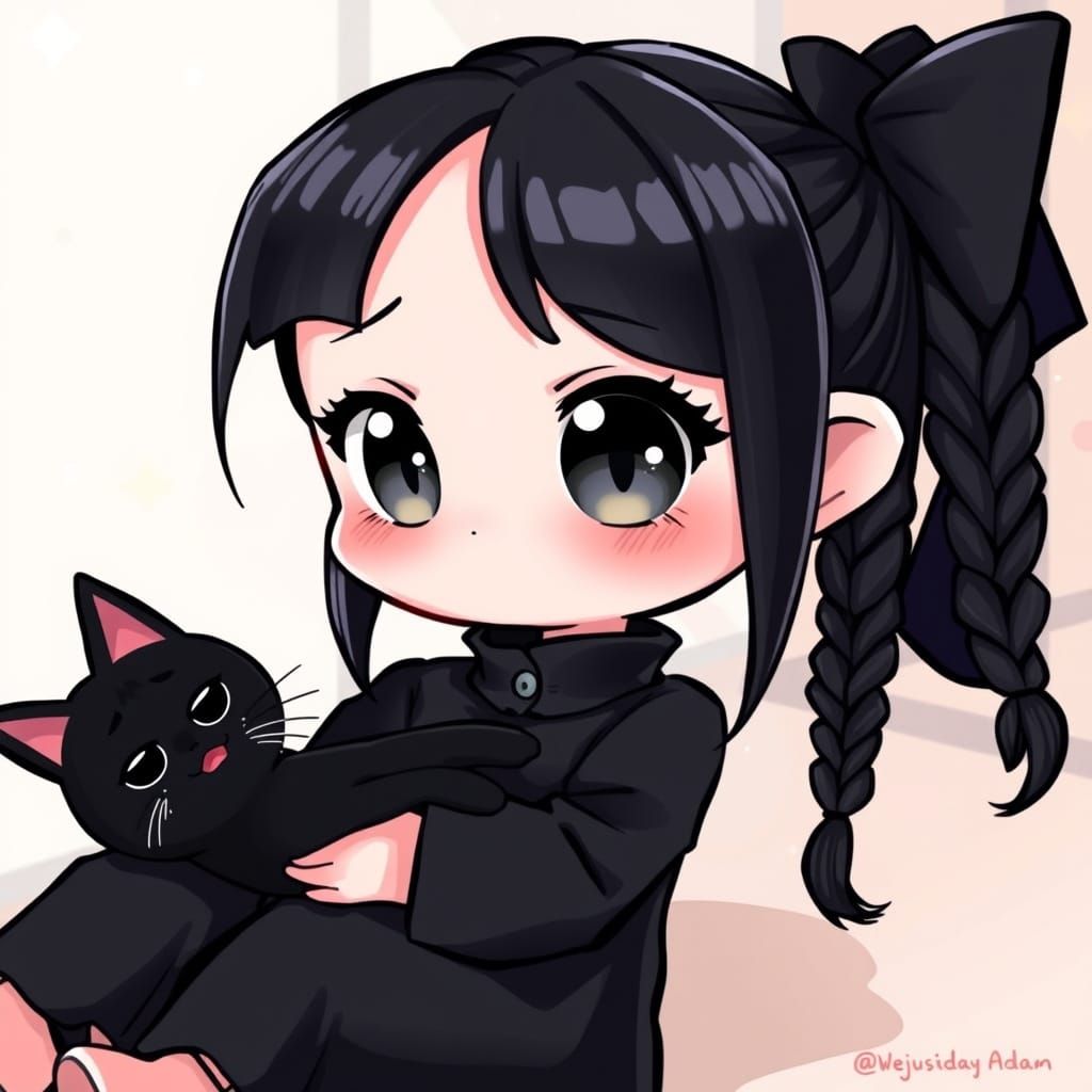 Wednesday Adams as Chibi with Black Cat in Pastel Dreamscape
