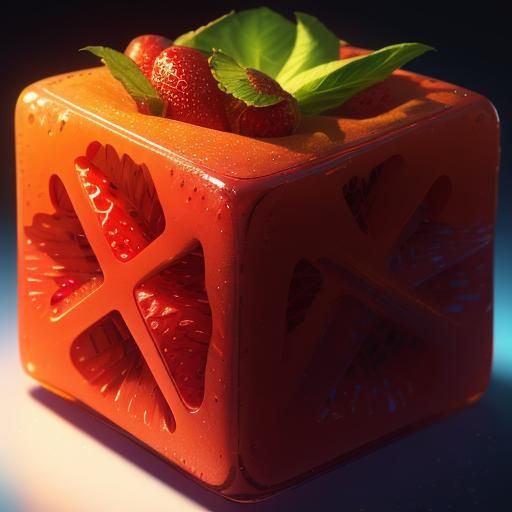 Hyperrealistic Strawberry Cube in Neon Cityscape