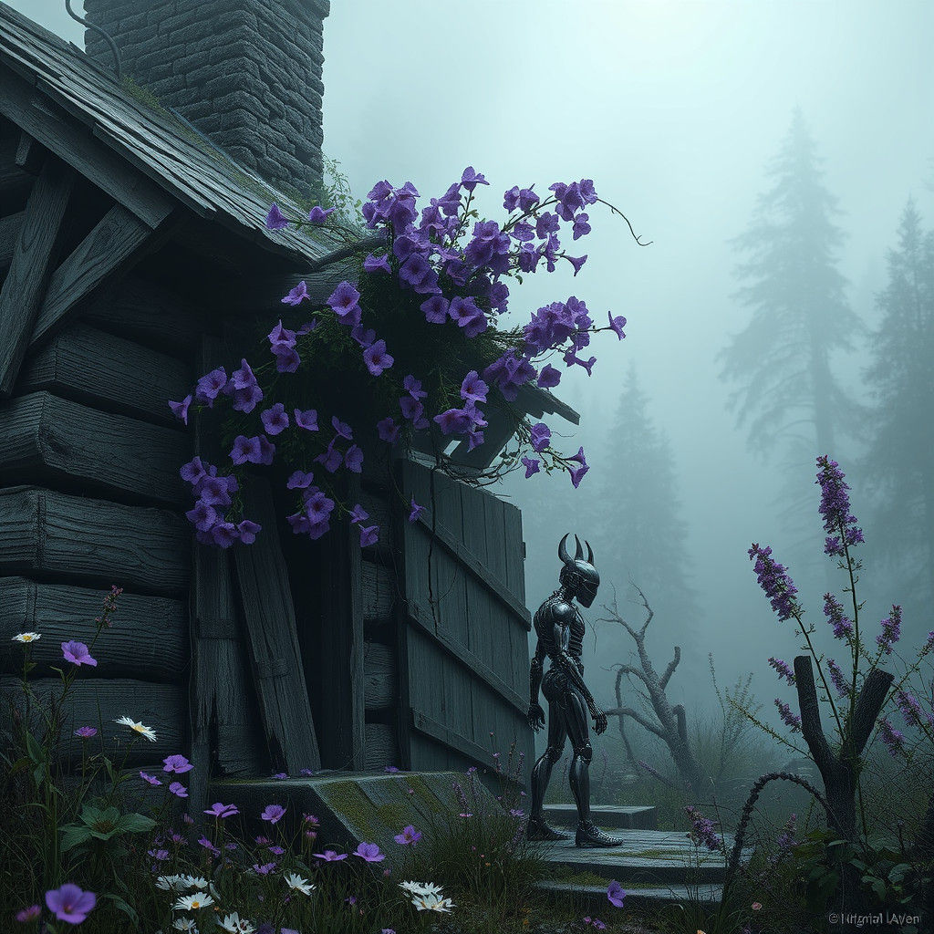 Cyborg Guarding Mystical Cabin in Dark Fantasy Art