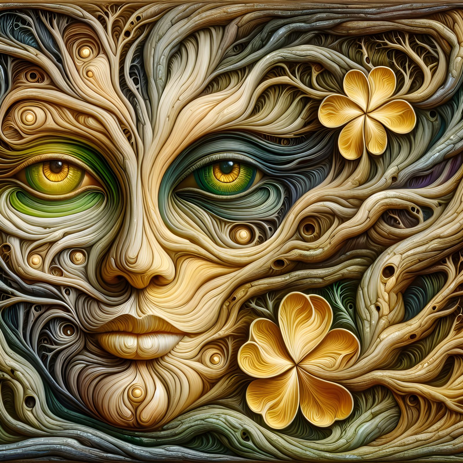 Surreal Tree Bark Face with Expressive Eyes