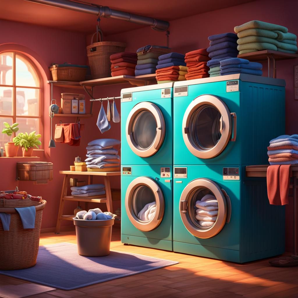 Woman Working at Laundry in Pixar Movie Style