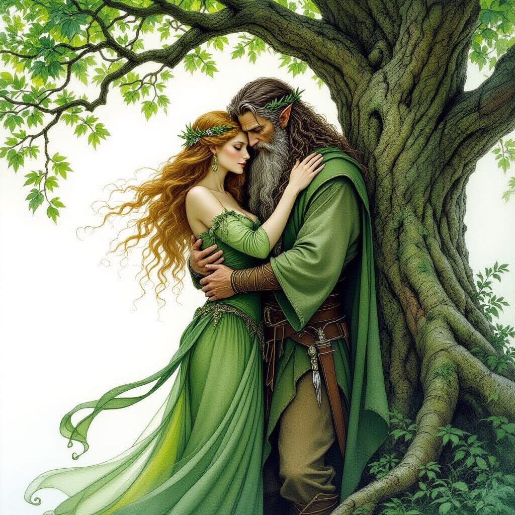 Dryad and Druid's Forest Embrace: Fantasy Art
