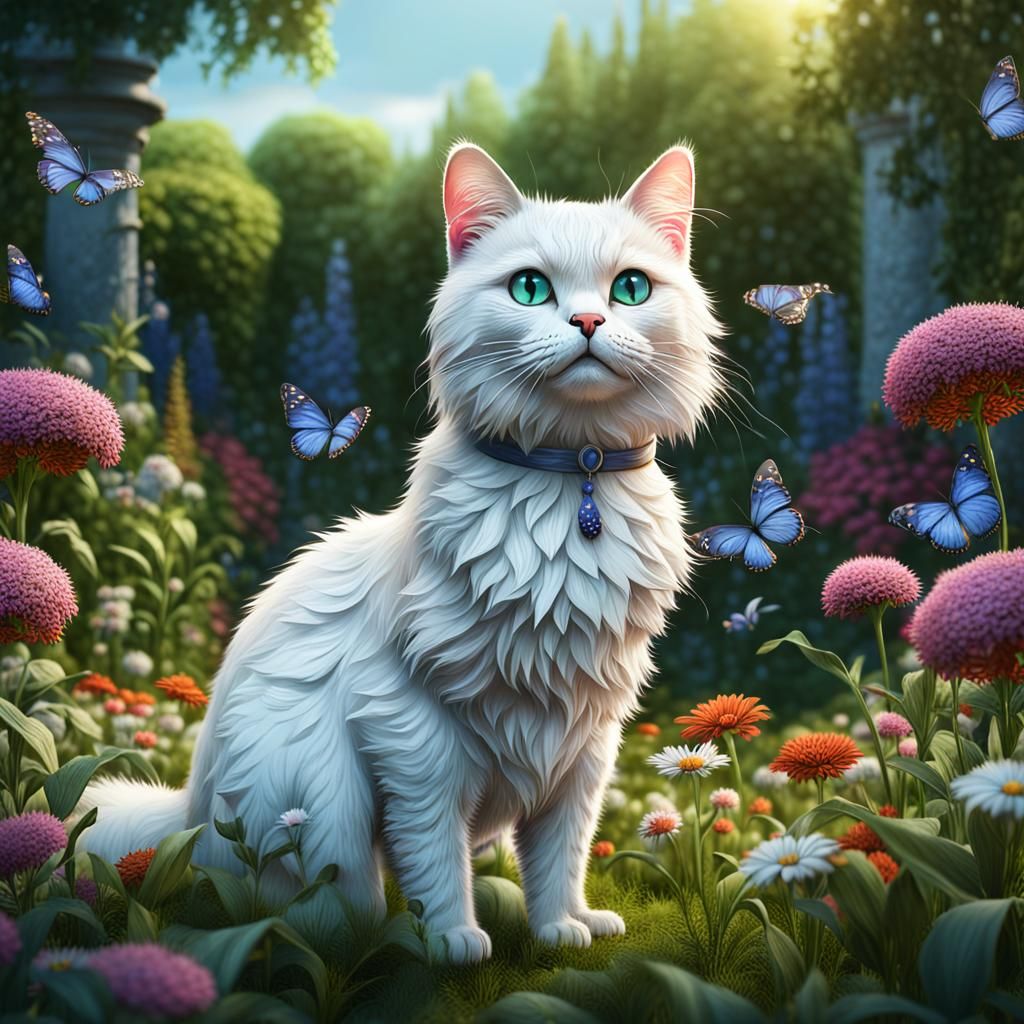 White Cat Gardener in Lush Fantasy Garden