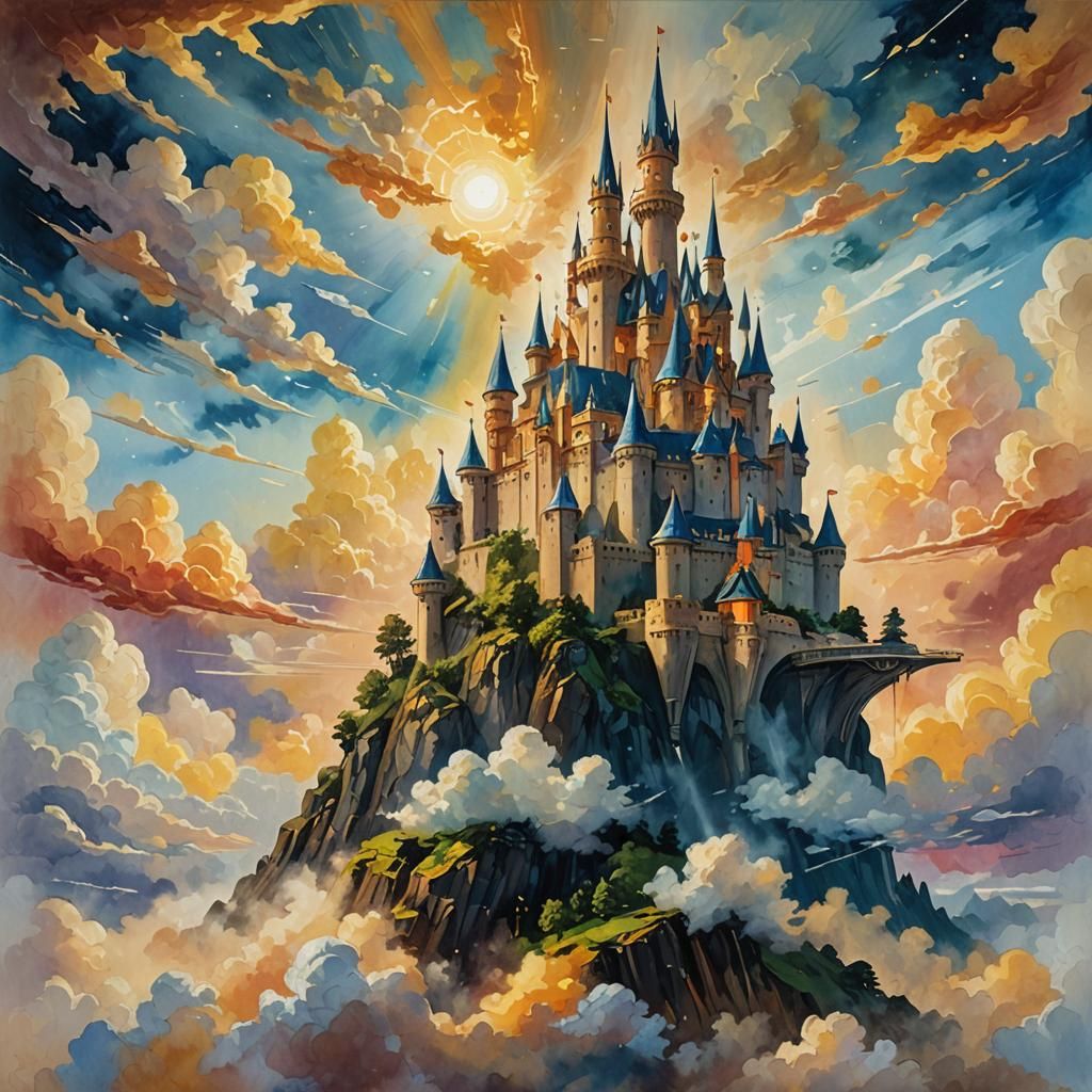 Fantasy Castle in Clouds with Spaceship: Gouache Impressioni...