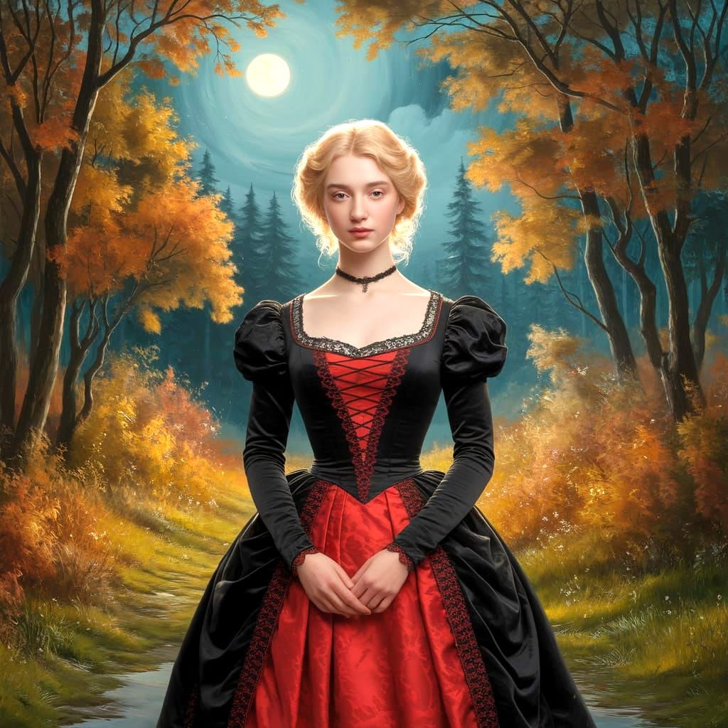 Victorian Woman in Moonlit Forest Oil Painting