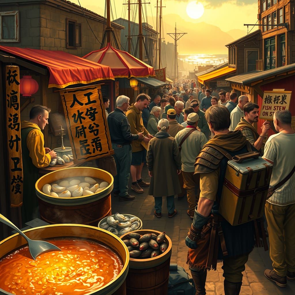 Lively Dockside Market at Dusk in Dutch Masters Style