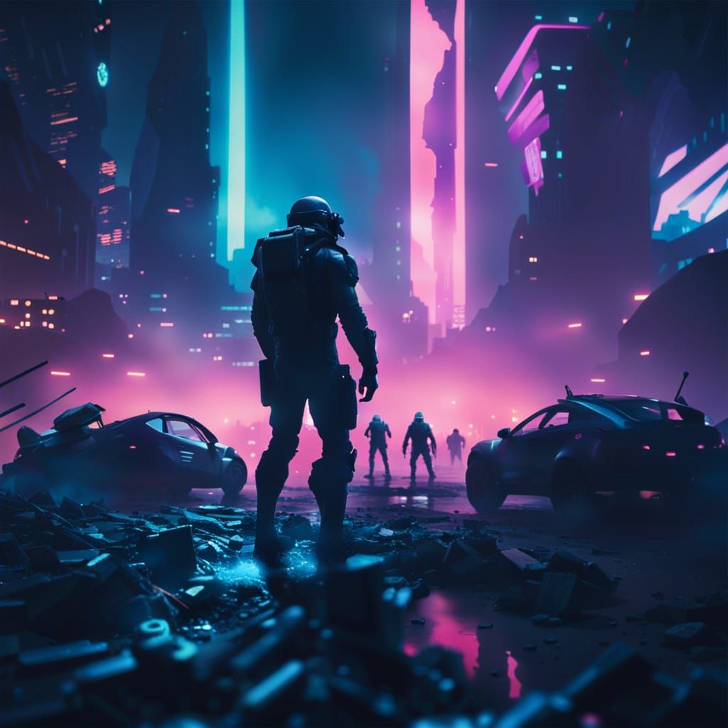 Futuristic Alien Invasion Combat Scene in Neon City