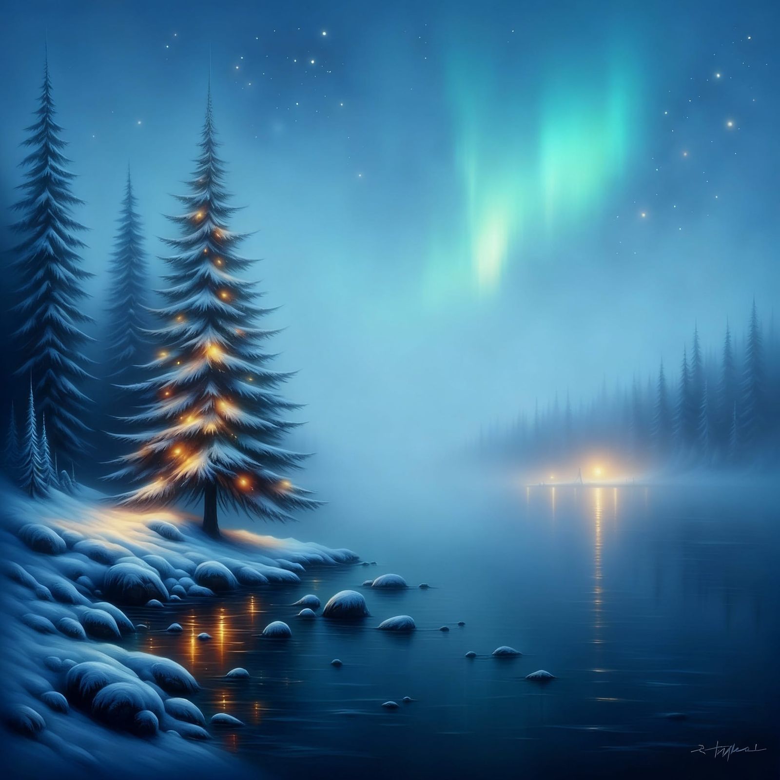 Nighttime winter scene viewed from across a calm frozen lake...