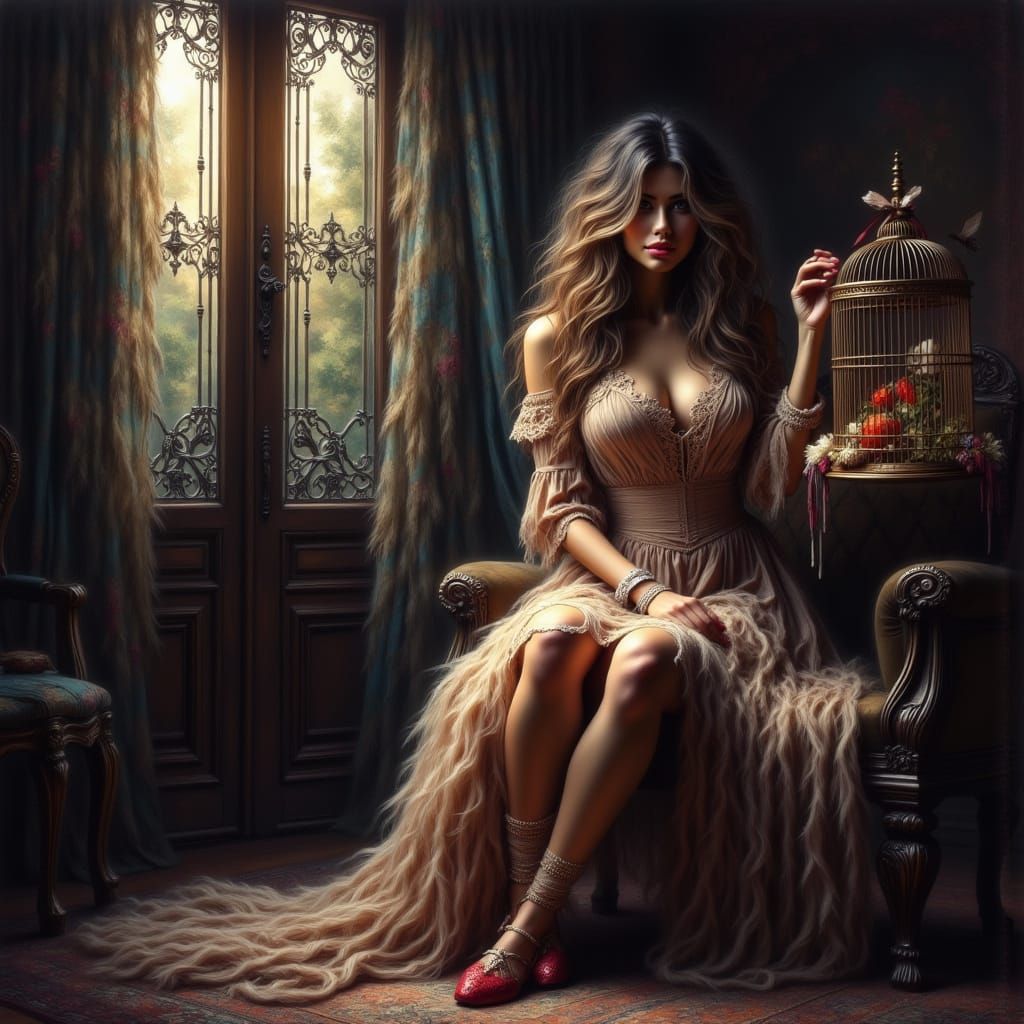 Woman with Birdcage in Dark Fantasy Style