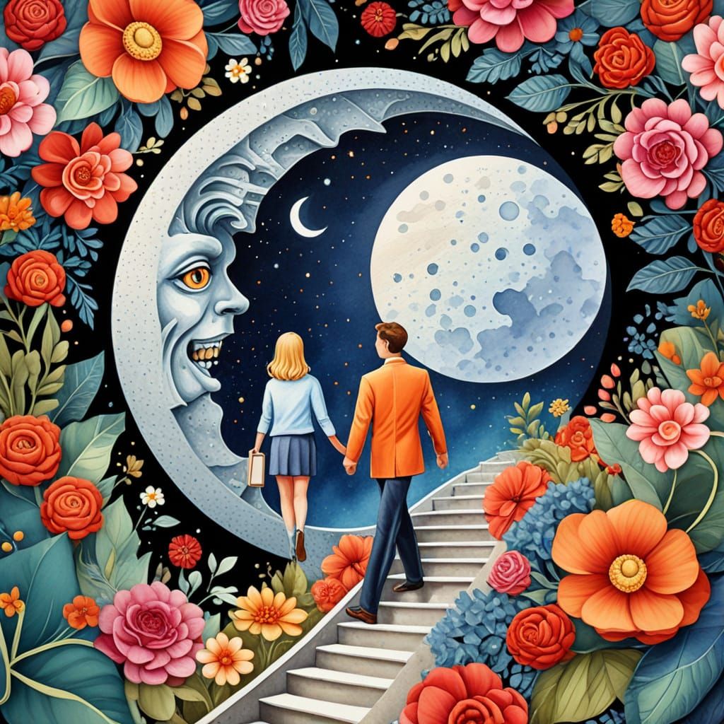 Surreal Stairway to Eyeball Moon in Watercolor Style