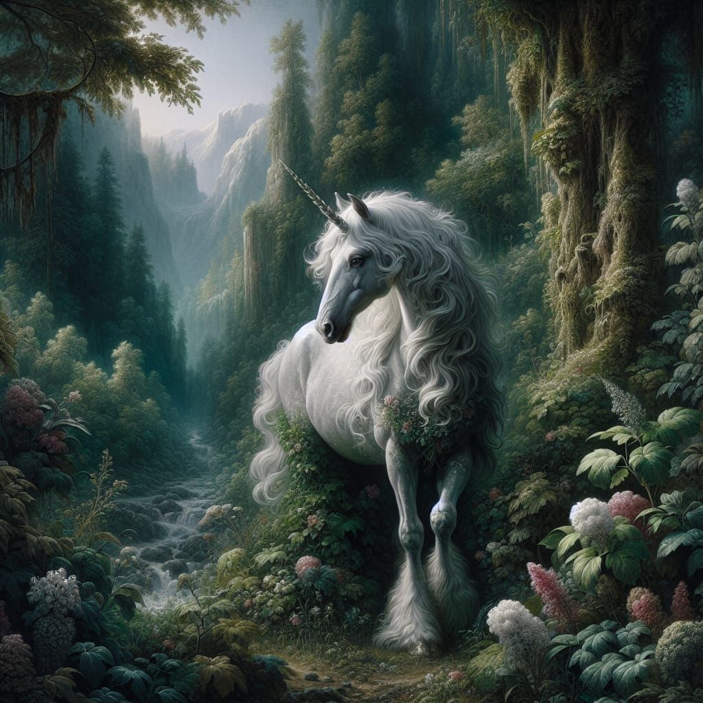 Magical Unicorn in Forest: Medieval-Style Digital Painting