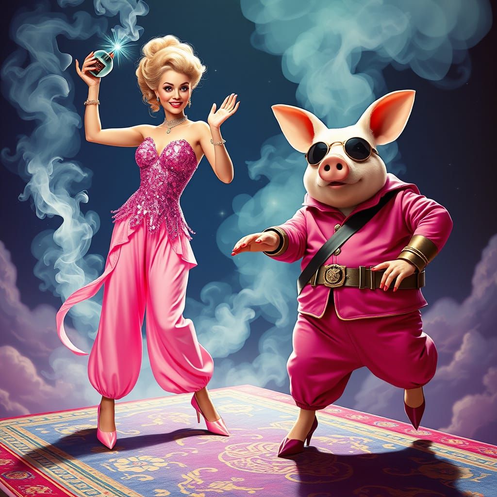 Radiant Genie Beside Pig Man on Flying Carpet