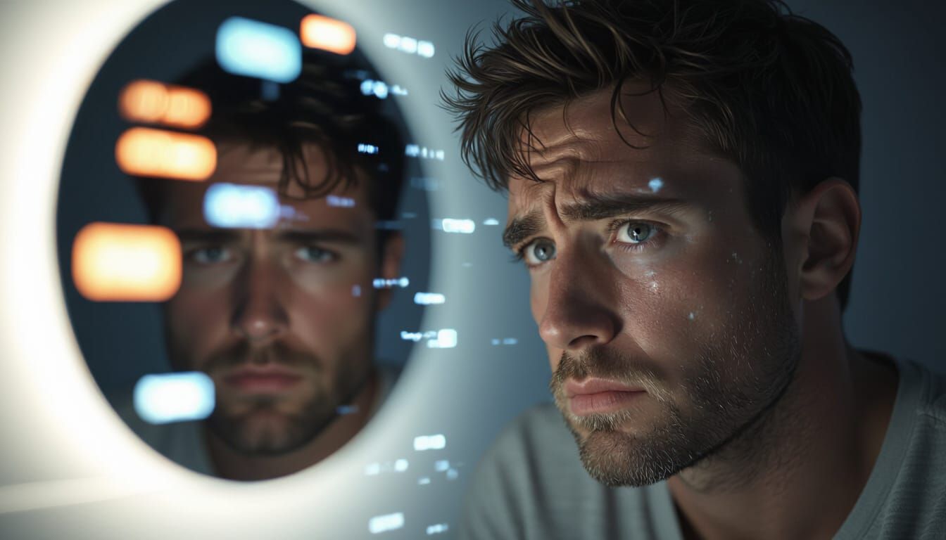 Man's Reflection in Dim Bathroom Mirror with Phone Notificat...