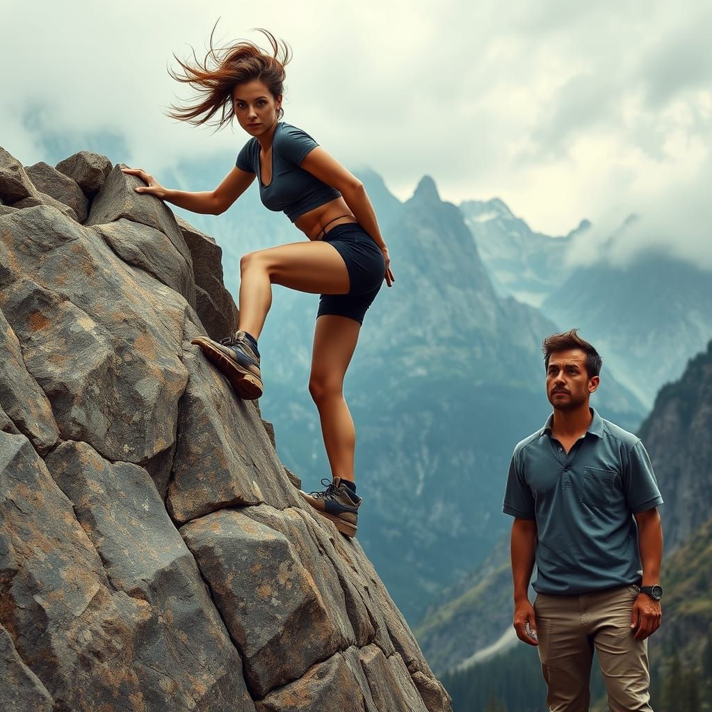 Athletic Woman Climbs Granite Rock in Majestic Landscape