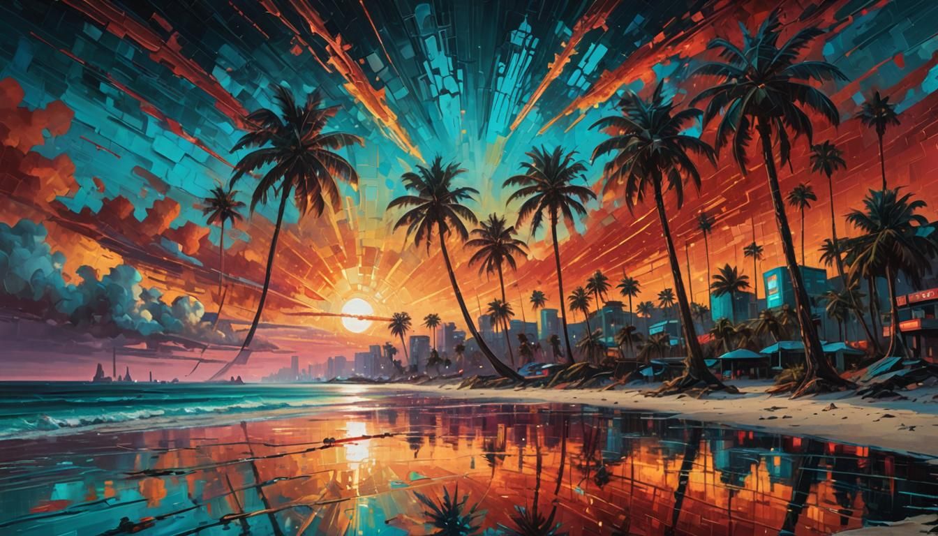 Fractal Sunset over Cyberpunk Beach in Oil Painting