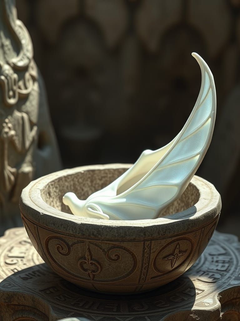 Iridescent Winged Fruit in Ancient Stone Bowl