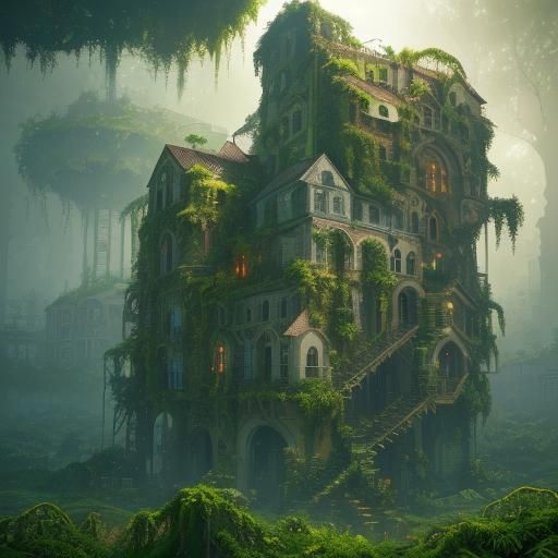 Lush Overgrown Cityscape: Detailed Cinematic Fantasy Art
