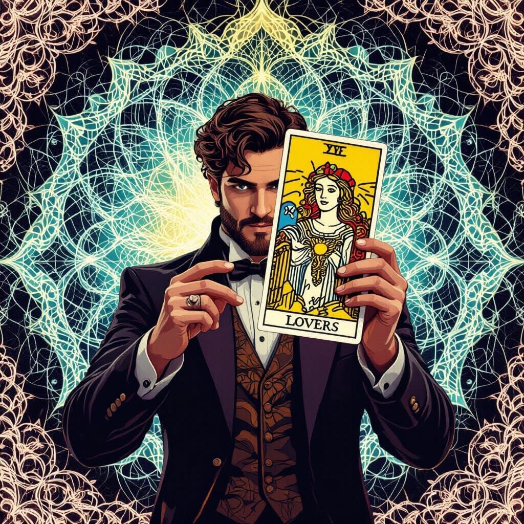 Street Magician with Lovers Tarot Card in Fractal Art Style