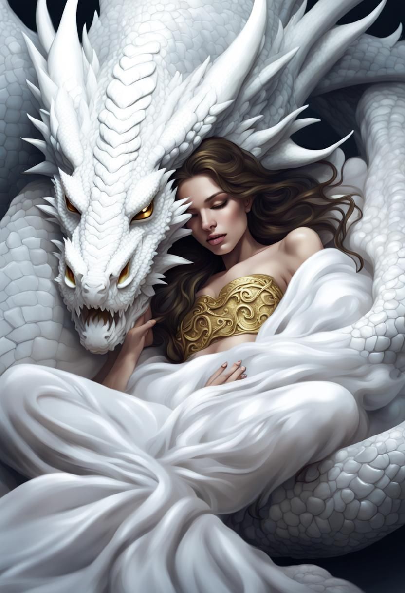 Sleeping White Dragon with Gold Treasure