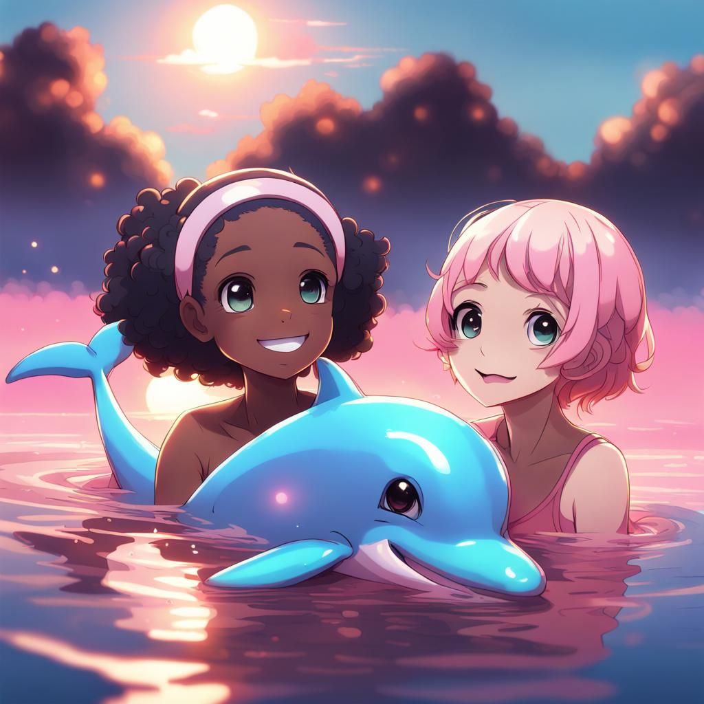 Girls Swimming with Pink Dolphin in Anime Style