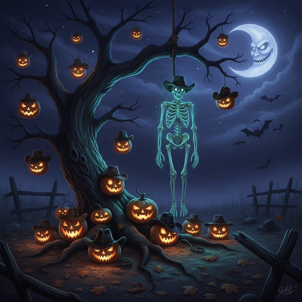 Glowing Skeleton in Noose with Jack-o-Lanterns Under Crescen...