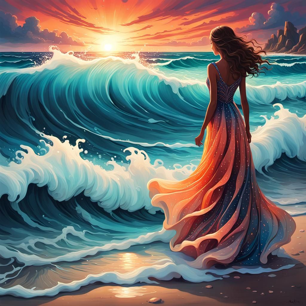 Woman on Beach with Swirling Sea Foam Dress