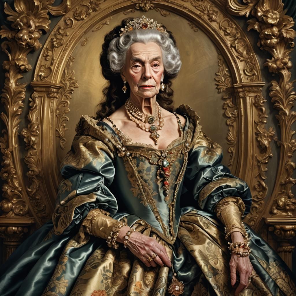 Baroque Portrait of Elderly Transvestite in Lavish Gown