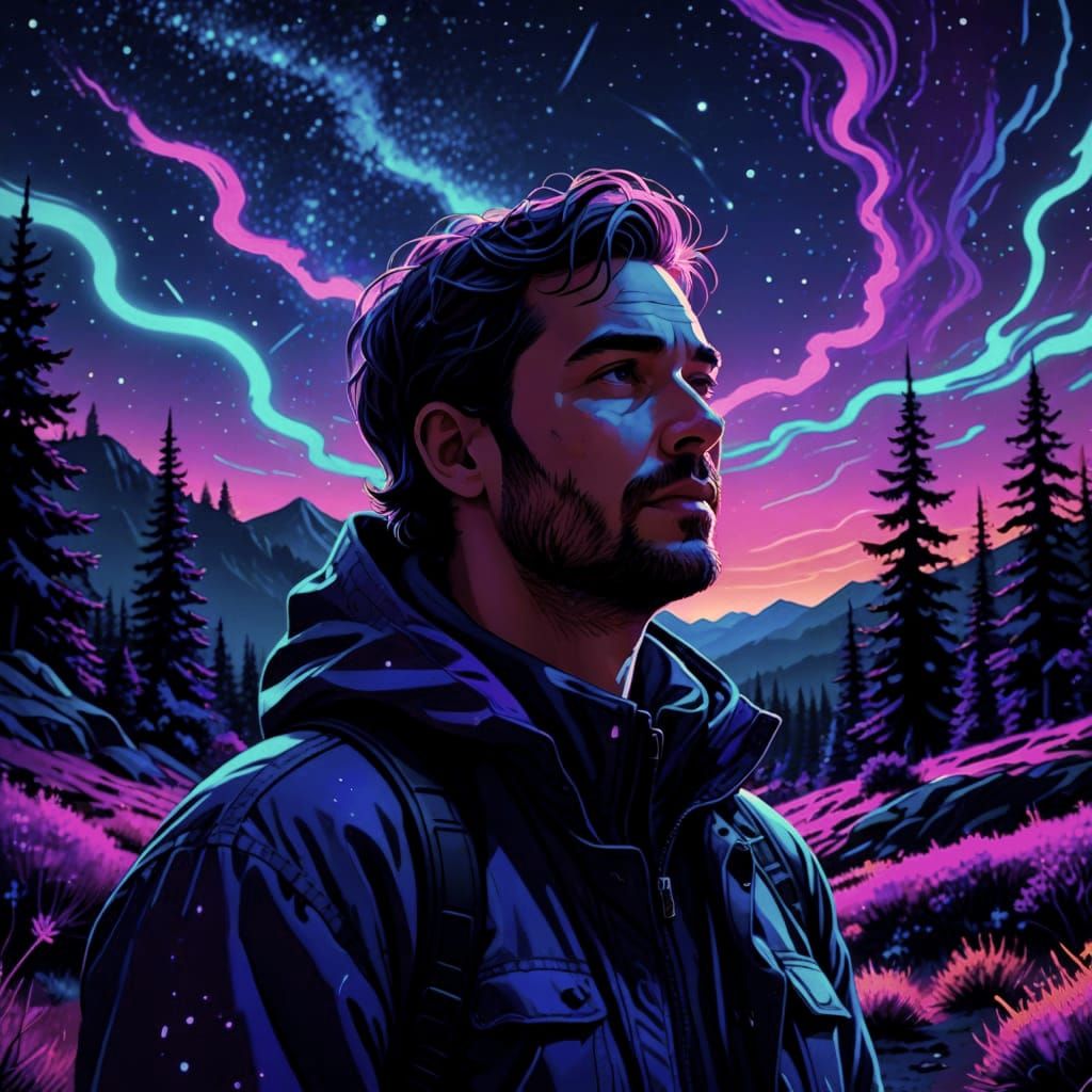 Comical Artist Amidst Cosmic Wilderness in Neon Lights