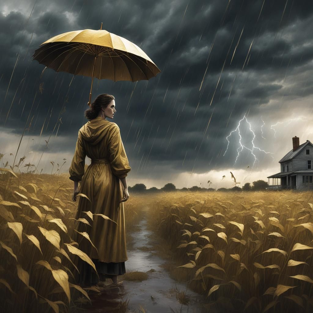 Woman with Gold Umbrella in Storm, Matte Painting