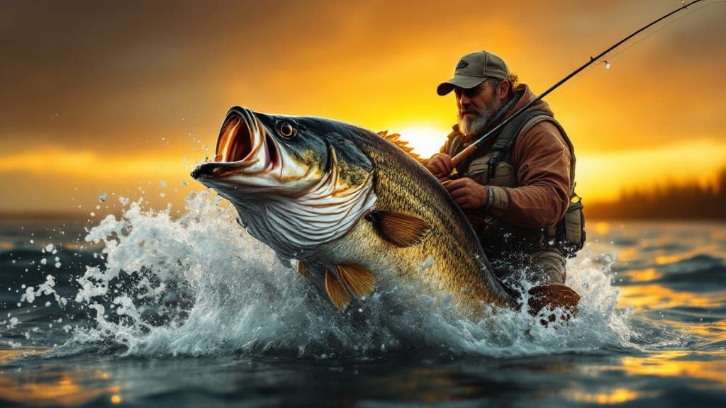 Giant Bass Breaches at Sunset, Fisherman Struggles