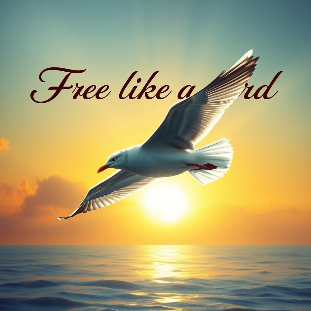 Seagull Hologram Soars Over Sunset Seascape