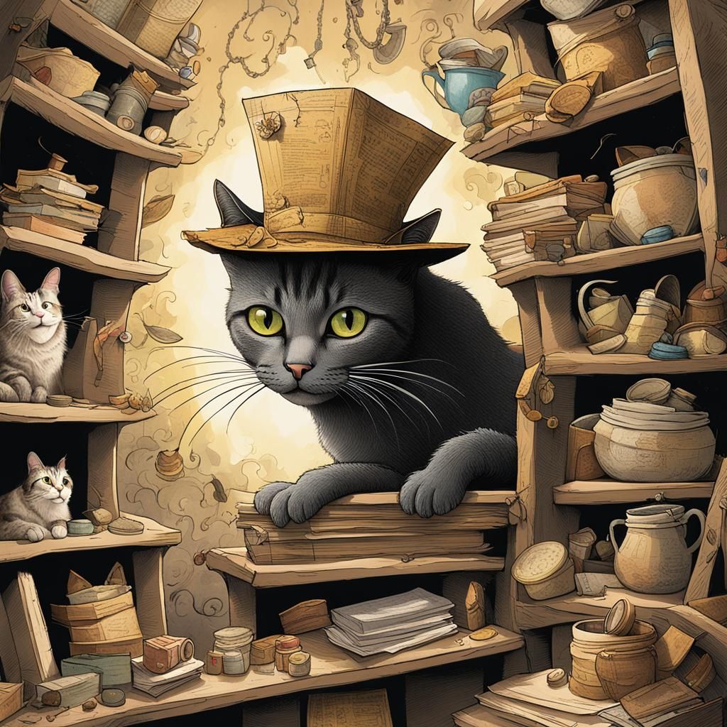 Whimsical Cat Exploring Cluttered Room Illustration