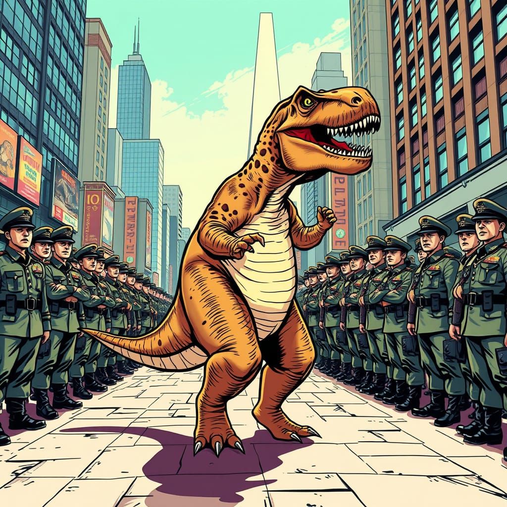 T-Rex Dancer Shocks Soldiers in Comic Style City