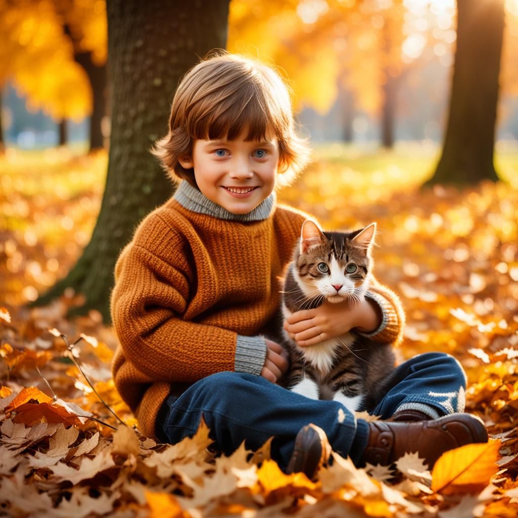 Child and Cat in Autumn, Dutch Masters Style