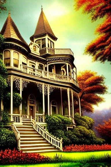 Victorian Mansion in Autumn Twilight: Matte Painting