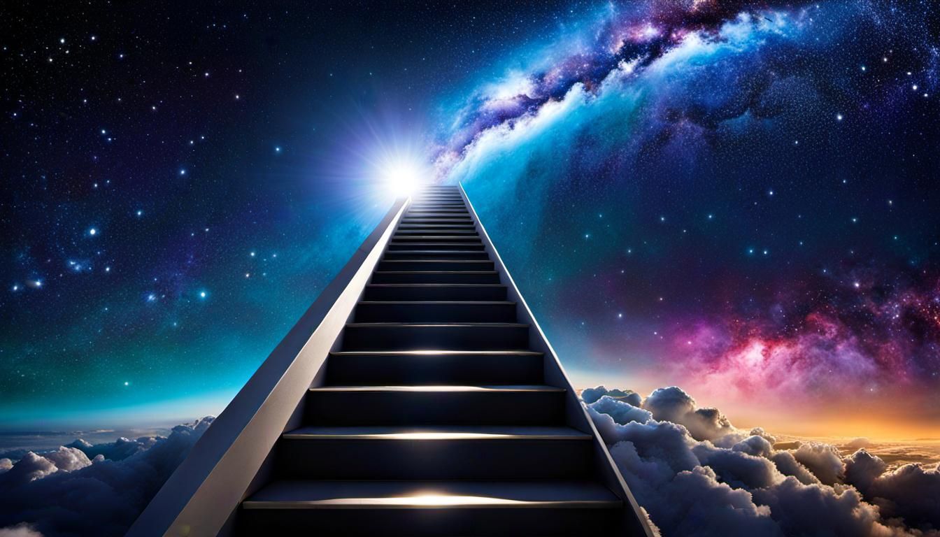 Staircase Ascending into Cosmic Sky with Light Beams