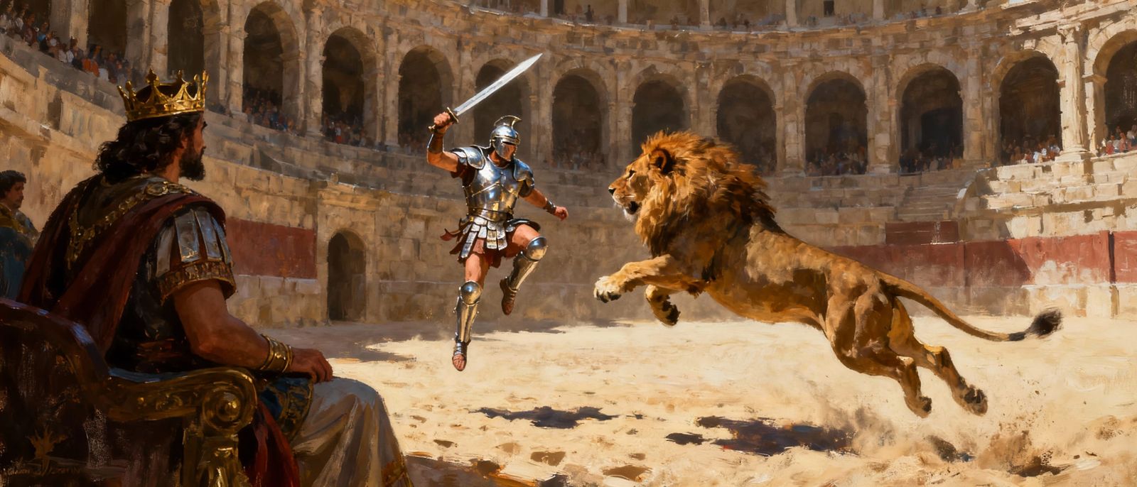 Gladiator vs Lion in Roman Stadium Oil Painting
