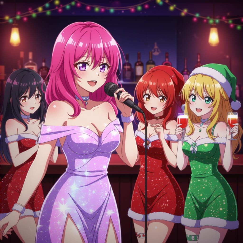 Women Sing Karaoke in Festive Holiday Dresses