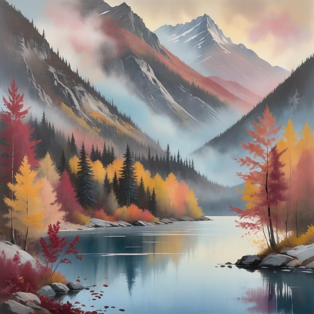 Dawn Breaks on Mountain Lake in Impressionist Style