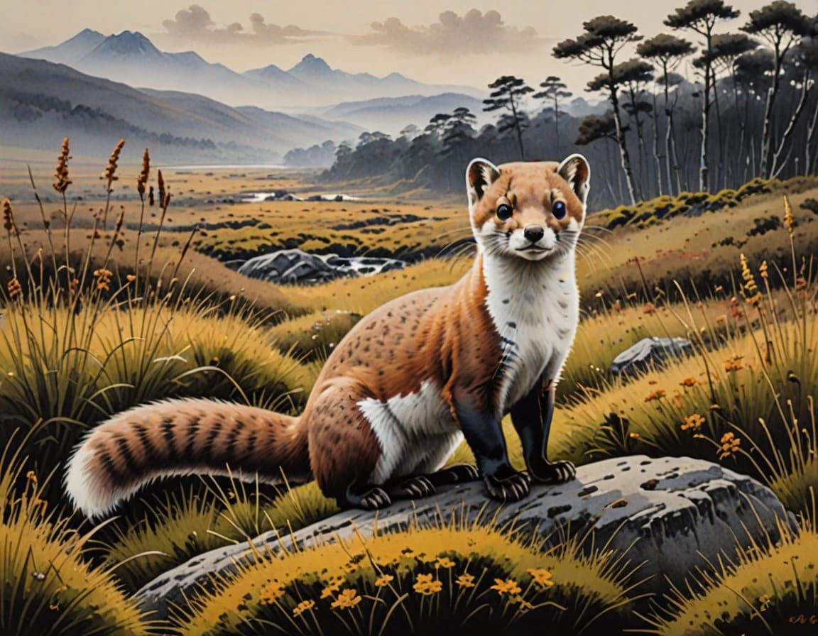 Stoat in Heathlands: Chinese Ink Painting