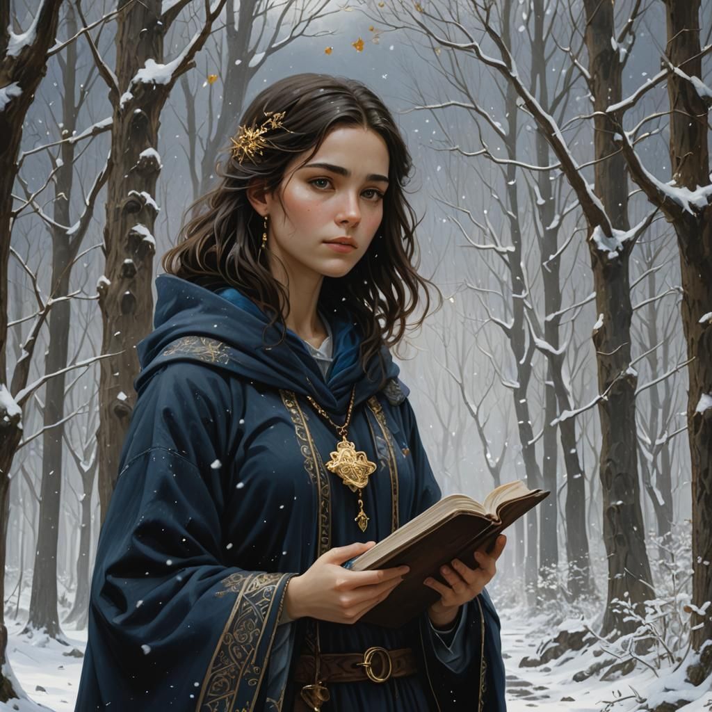 Girl with Books in Snowy Forest, Fantasy Concept Art