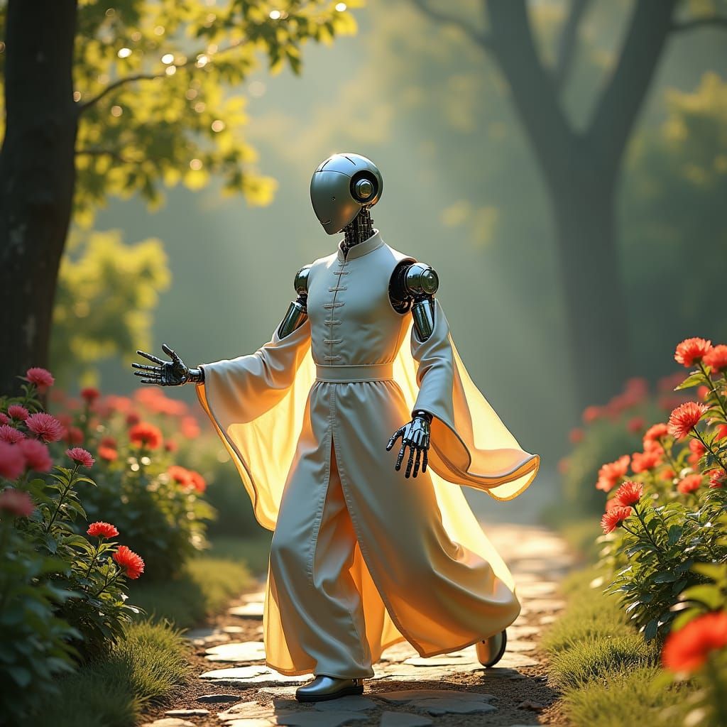 Robot Practicing Tai Chi in Serene Garden