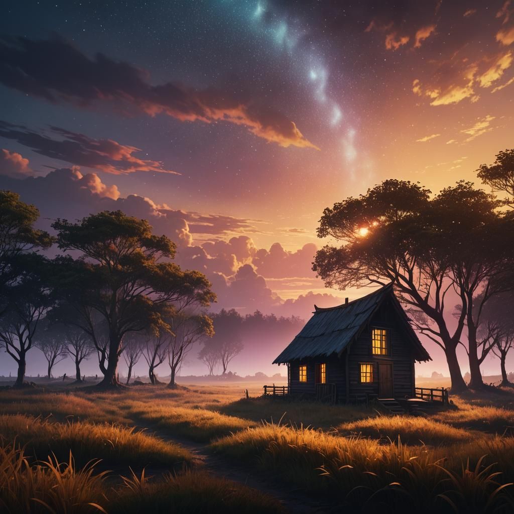 Mystical Hut Amidst Aurora in Dark Fantasy Art