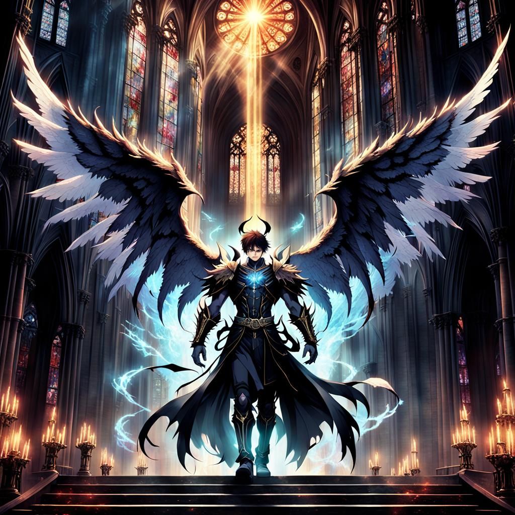 Anime Angel-Demon Hybrid in Mystical Cathedral