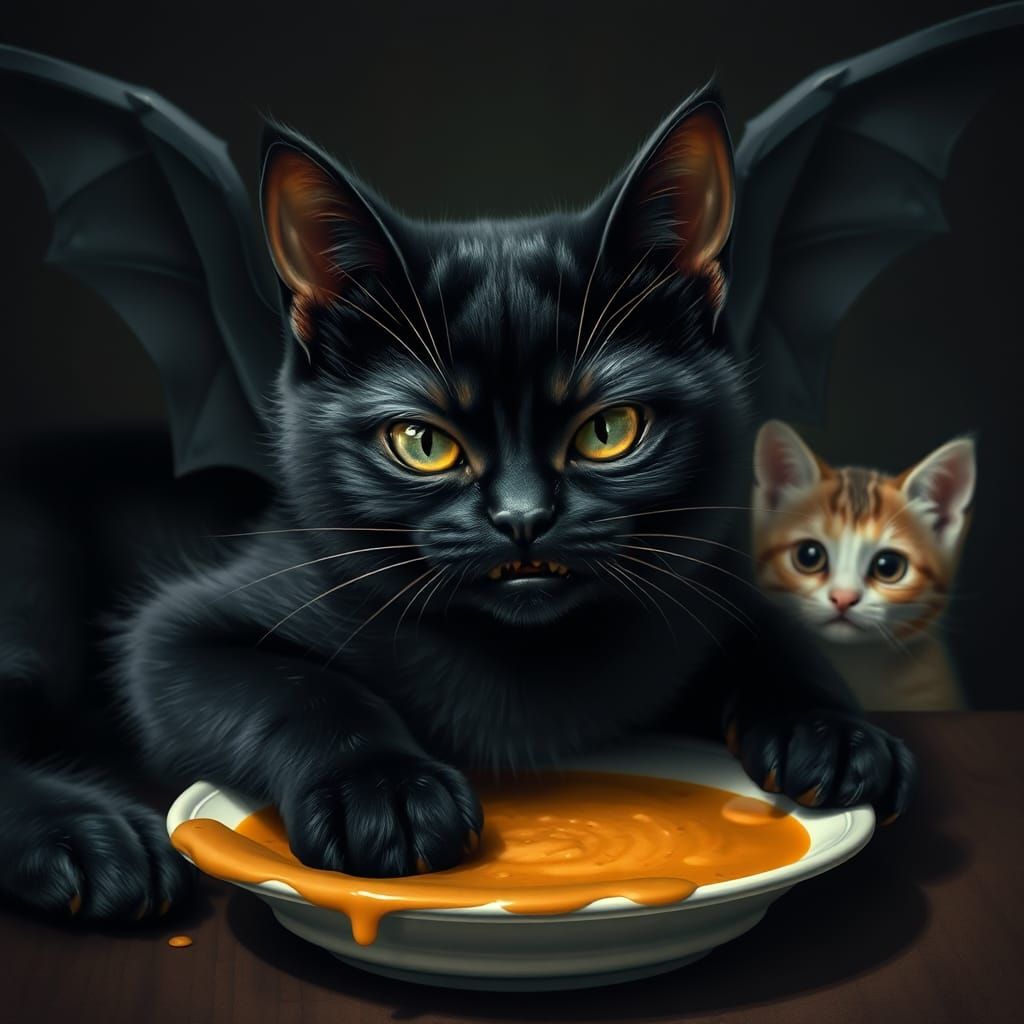 Majestic Black Cat with Bat Wings, Ferocious and Cute