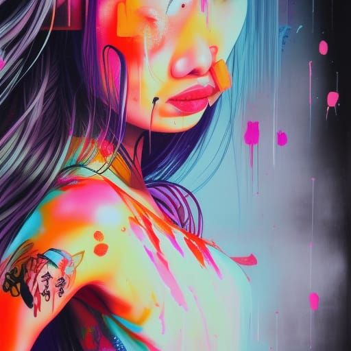 Chinese Woman in Peach Dress: Graffiti Art