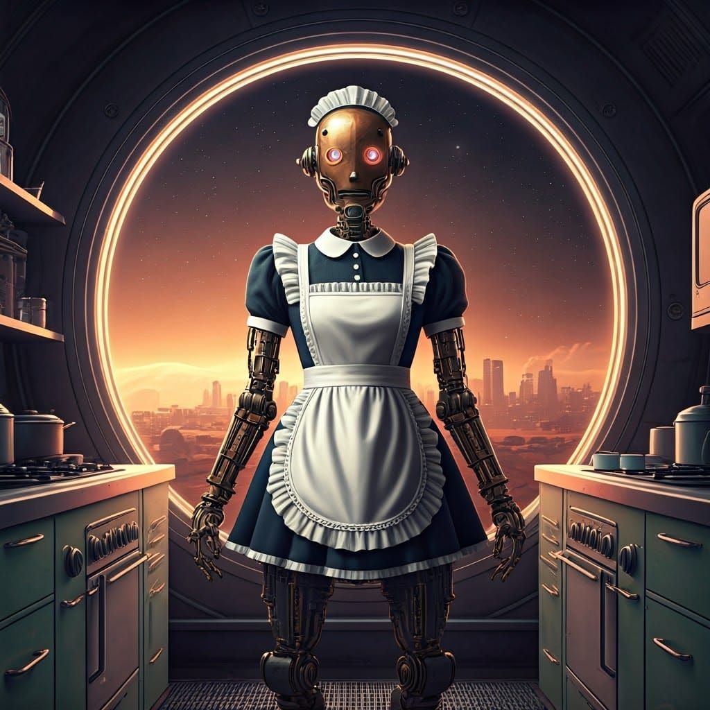 Mechanical Maid Robot Stands Proud in Retro-Futuristic Mars...