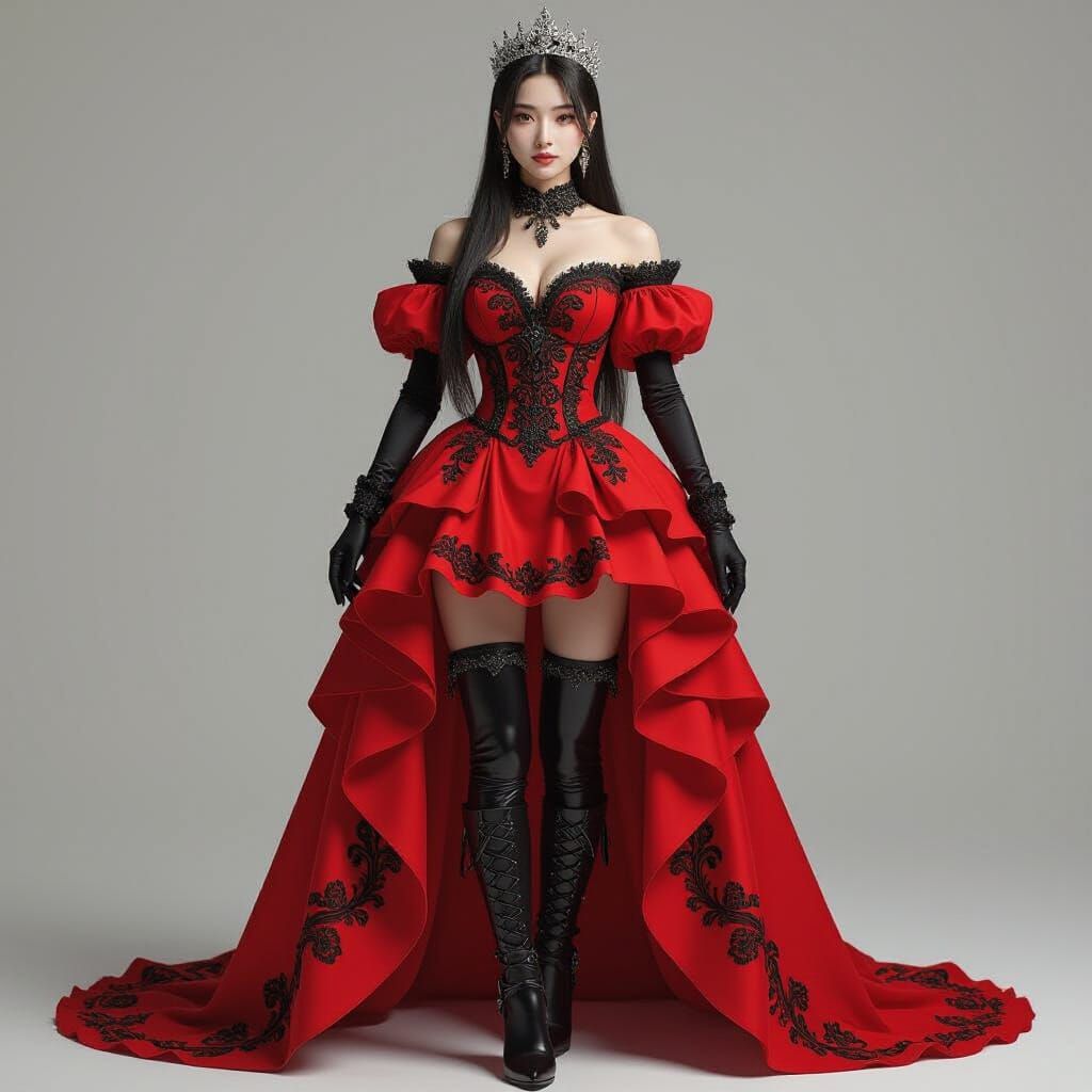 Korean Woman in Red Dress with Black Accents
