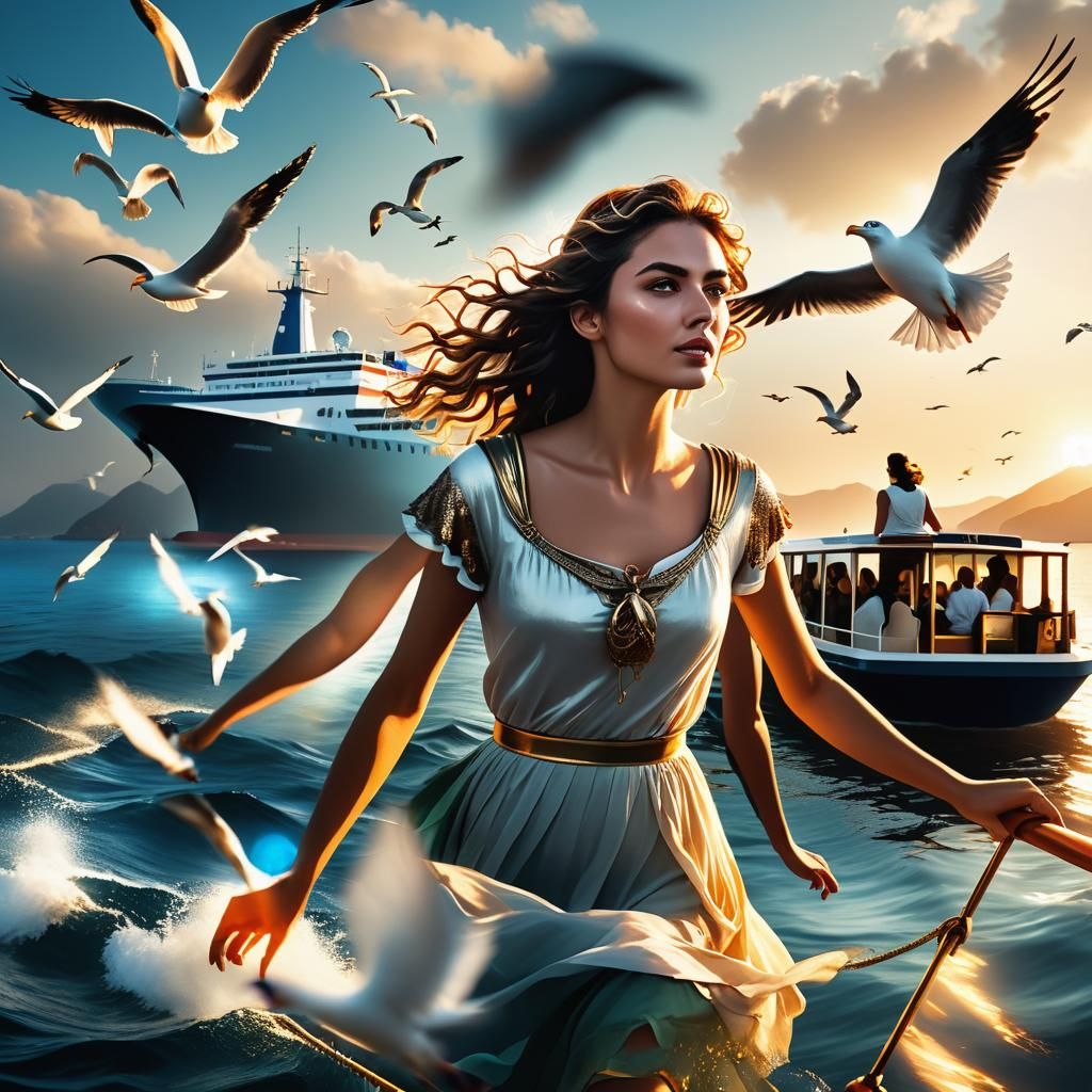 Greek Island Ferry Adventure in Hyperrealistic Digital Art